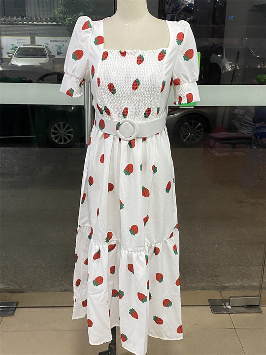 Heidi-Mode | Bedrucktes, taillenbetontes U-Ausschnitt Elegantes Kleid