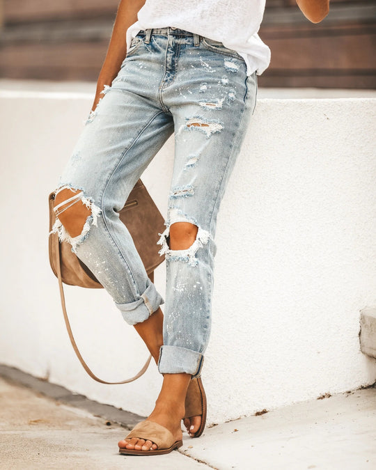 Damen Destroyed Boyfriend Jeans mit lässigen Details Heidi-Mode