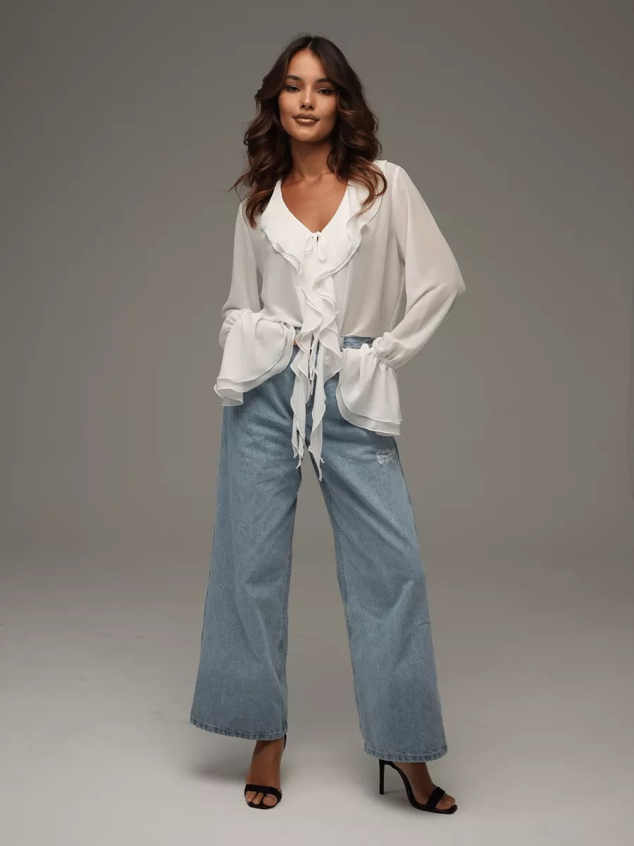 Damen leichtes Chiffon-Blusenshirt mit Rüschen und Kordelzug Heidi-Mode