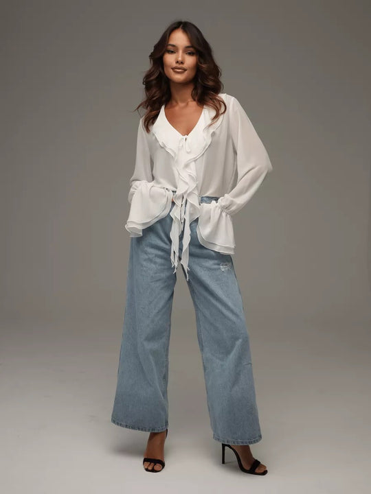 Damen leichtes Chiffon-Blusenshirt mit Rüschen und Kordelzug Heidi-Mode
