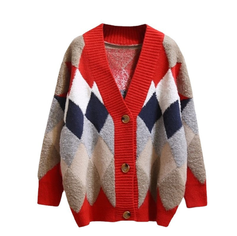 Damen Grobstrick Cardigan mit geometrischem Muster und großen Taschen Heidi-Mode