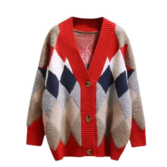 Damen Grobstrick Cardigan mit geometrischem Muster und großen Taschen Heidi-Mode