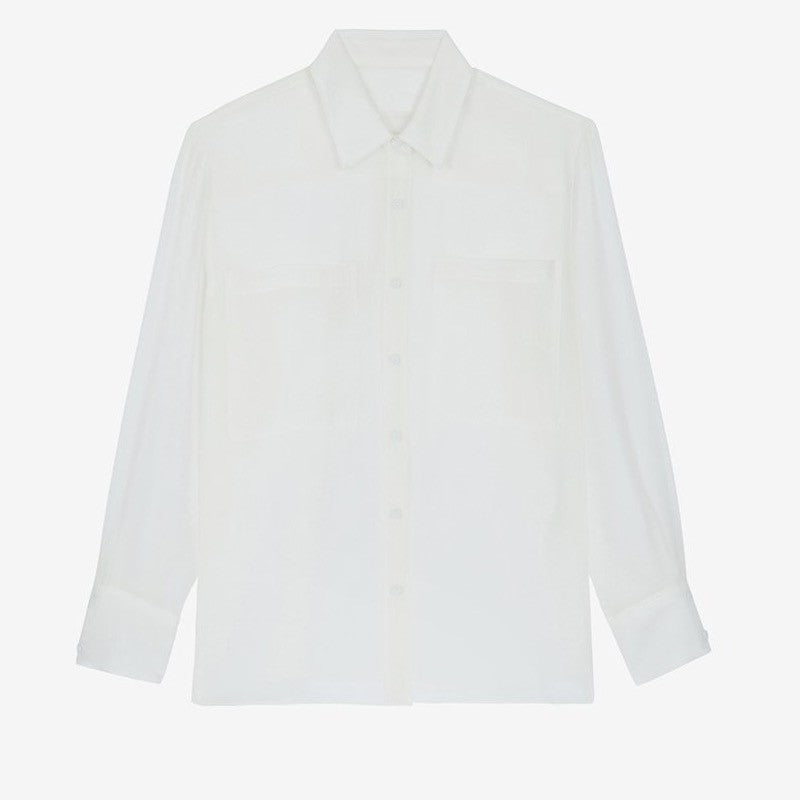 Damen transparente Bluse mit klassischem Kragen und dekorativen Taschen Heidi-Mode