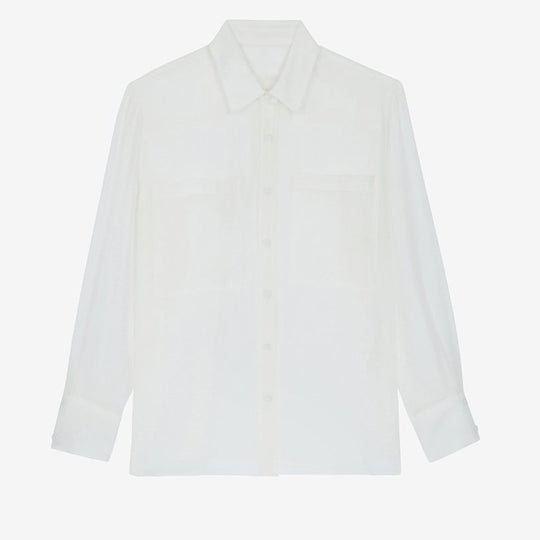 Damen transparente Bluse mit klassischem Kragen und dekorativen Taschen Heidi-Mode