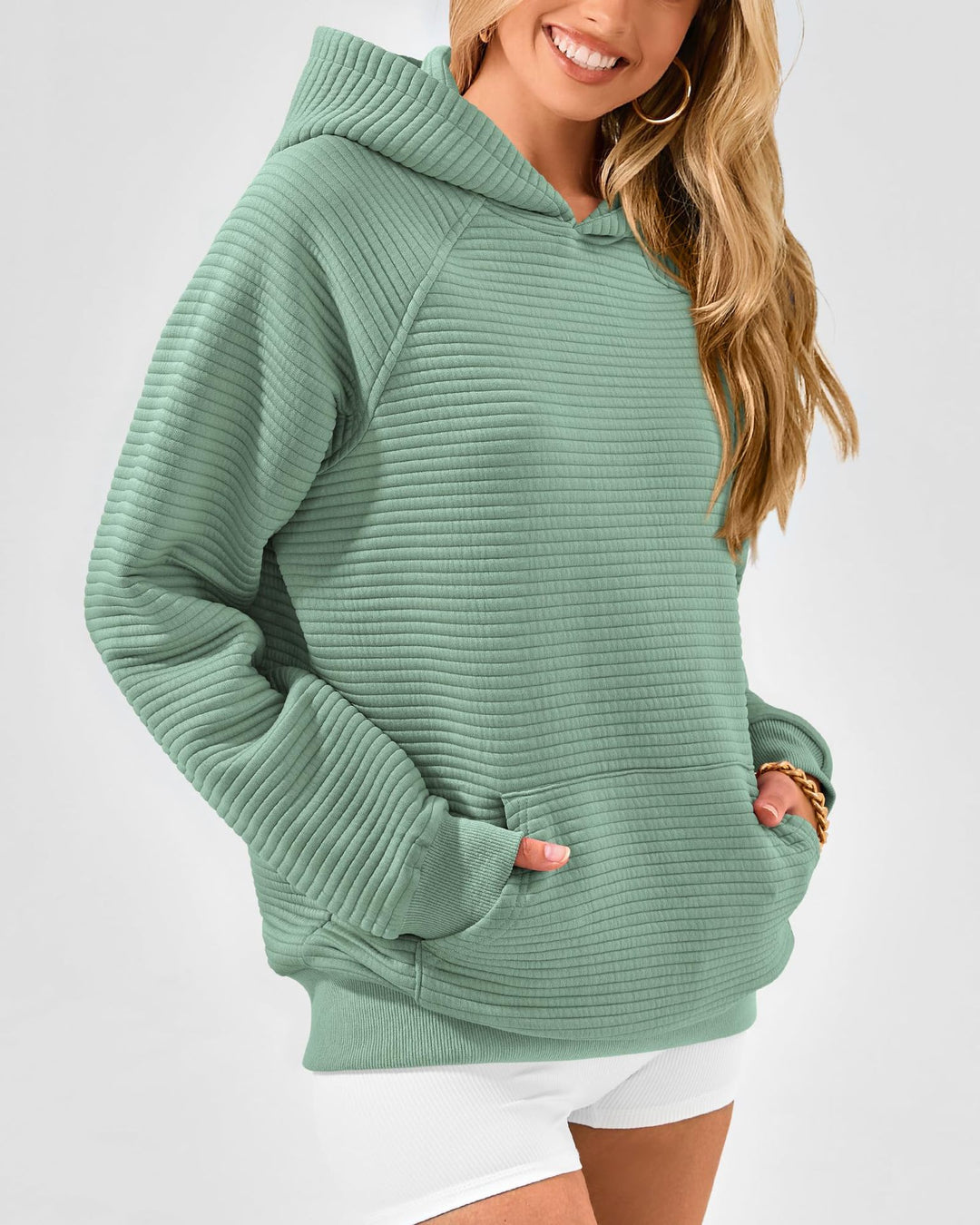 Damen Kuscheliger Waffelpullover mit Kapuze und Kängurutasche Heidi-Mode