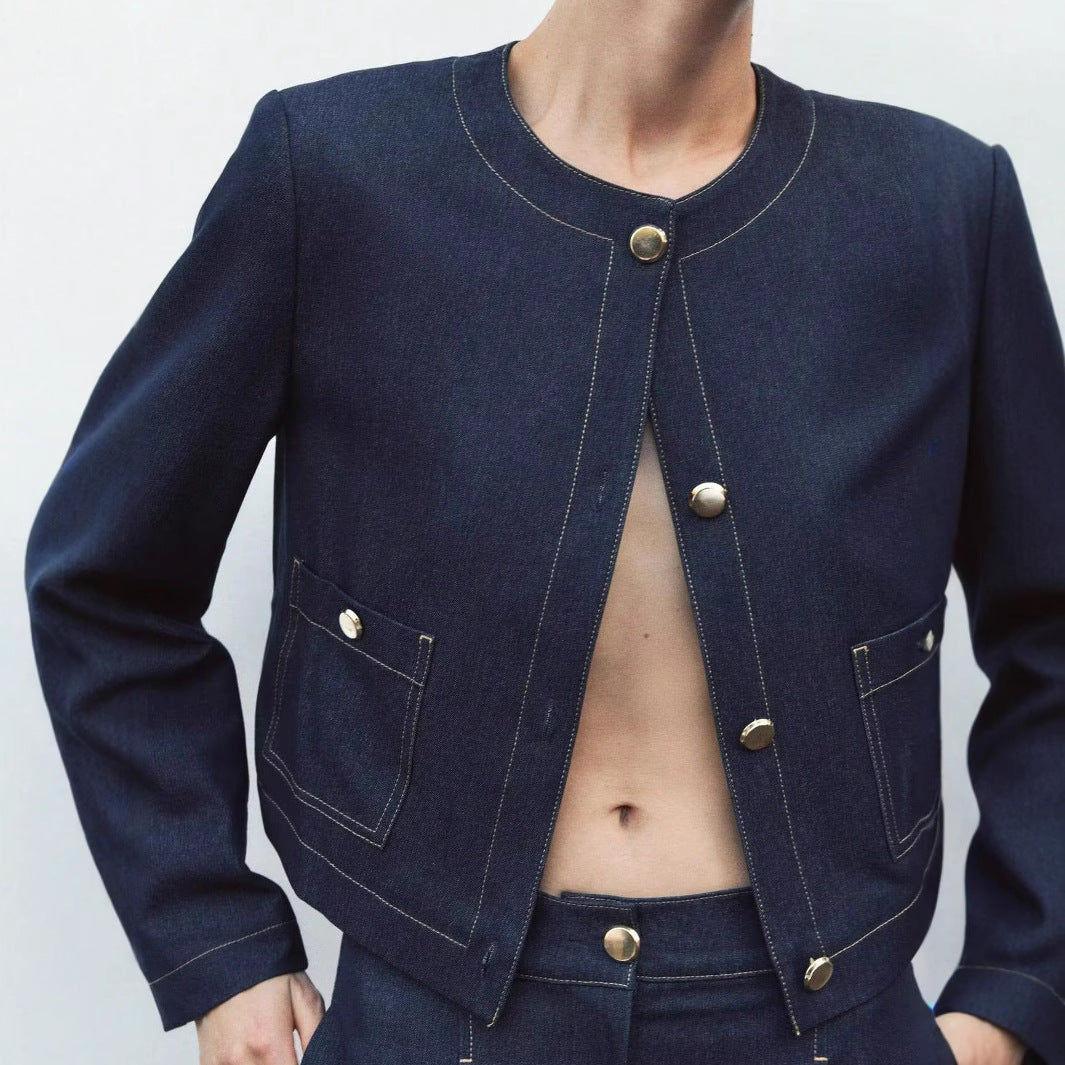 Damen cropped Jeansjacke mit aufgesetzten Taschen und eleganter Knopfdetails Heidi-Mode