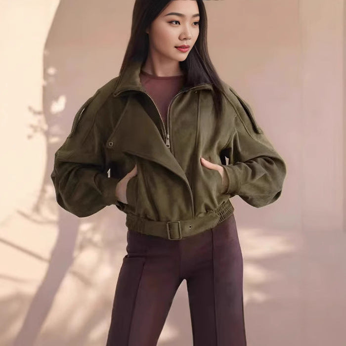 Damen Stilvolle Kurzjacke mit Gürtel und asymmetrischem Schnitt Heidi-Mode