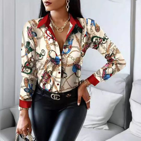 Damen elegante Bluse mit künstlerischem Druck und dekorativen Akzenten Heidi-Mode