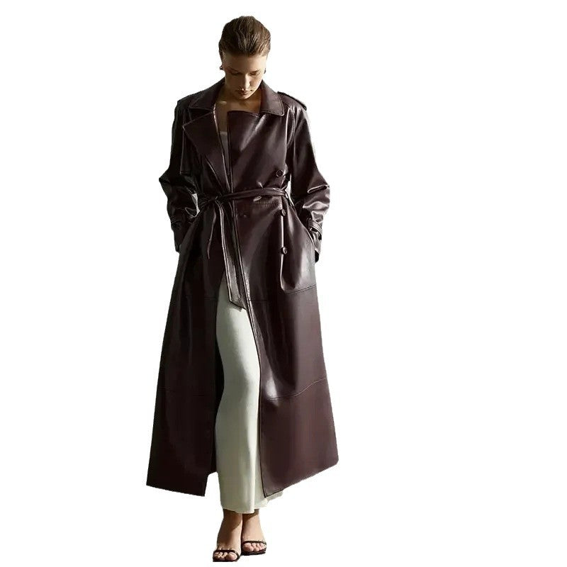 Damen Eleganter Kunstleder-Trenchcoat mit tailliertem Gürtel Heidi-Mode