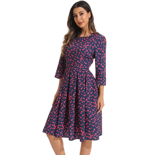 Damen elegantes Midikleid mit floralem Muster und schwingendem Rock Heidi-Mode