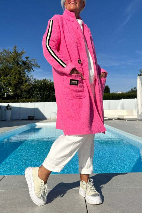 Damen eleganter Teddy-Mantel mit zwei Taschen und sportlichen Streifen Heidi-Mode