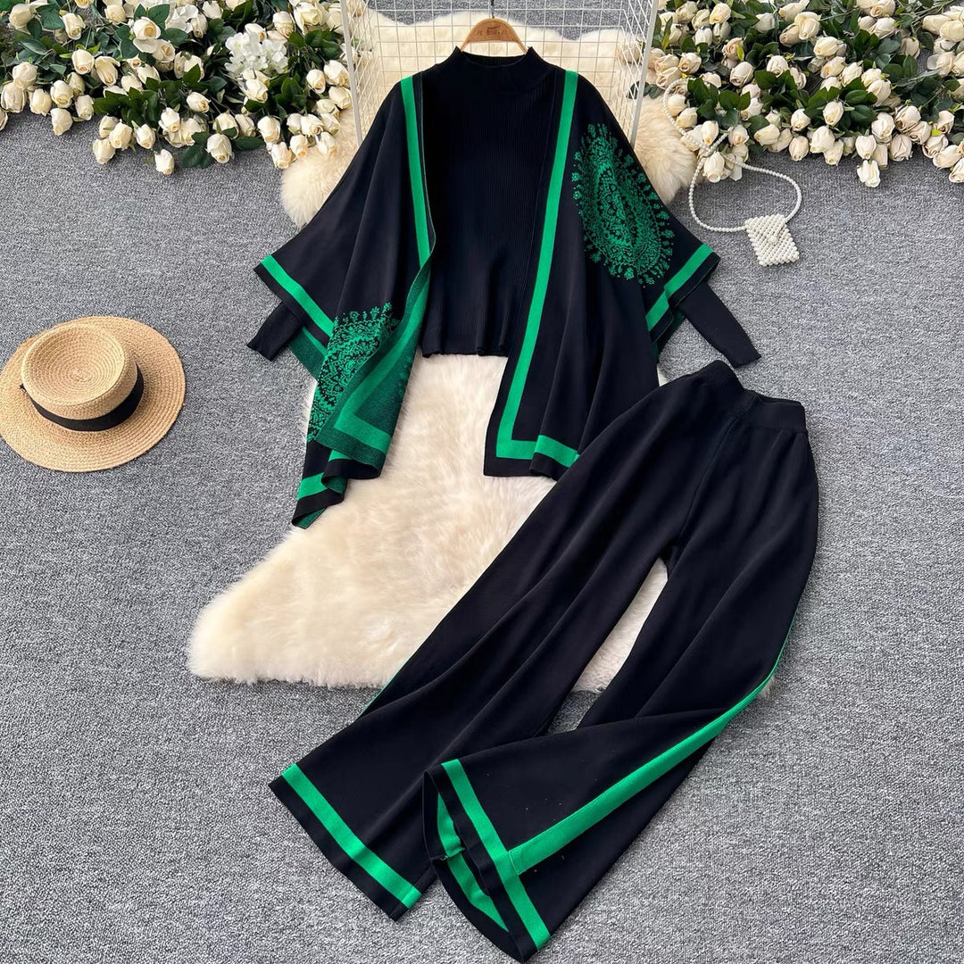 Damen lässiges Strickensemble mit langen Ärmeln und weitem Bein Heidi-Mode