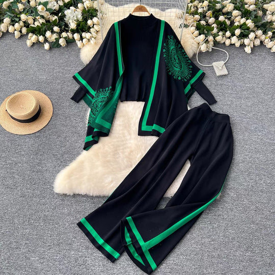 Damen lässiges Strickensemble mit langen Ärmeln und weitem Bein Heidi-Mode
