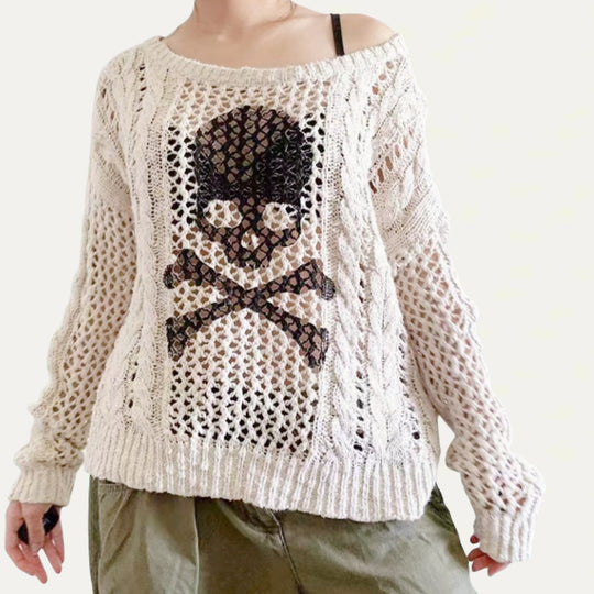 Damen Oversized Strickpullover mit kreativem Lochmuster und Anker-Design Heidi-Mode