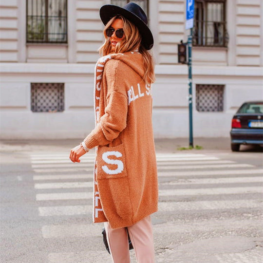 Damen Langarm-Strickcardigan mit Kapuze und praktischen Taschen Heidi-Mode