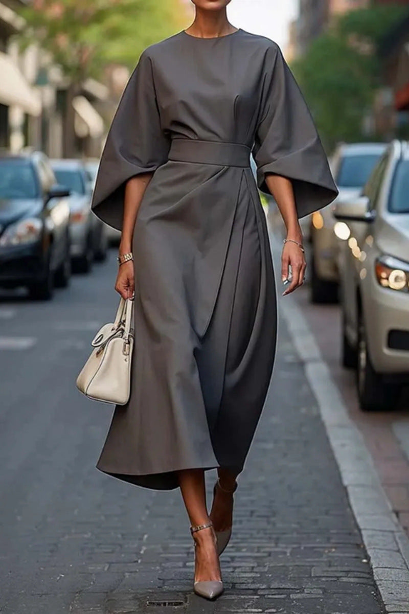Damen Maxikleid mit eleganten Puffärmeln und Taillengürtel Heidi-Mode