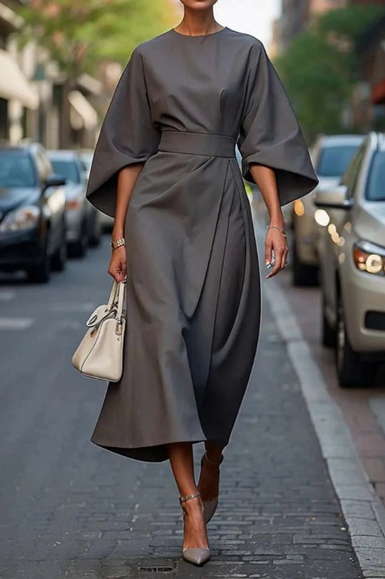 Damen Maxikleid mit eleganten Puffärmeln und Taillengürtel Heidi-Mode