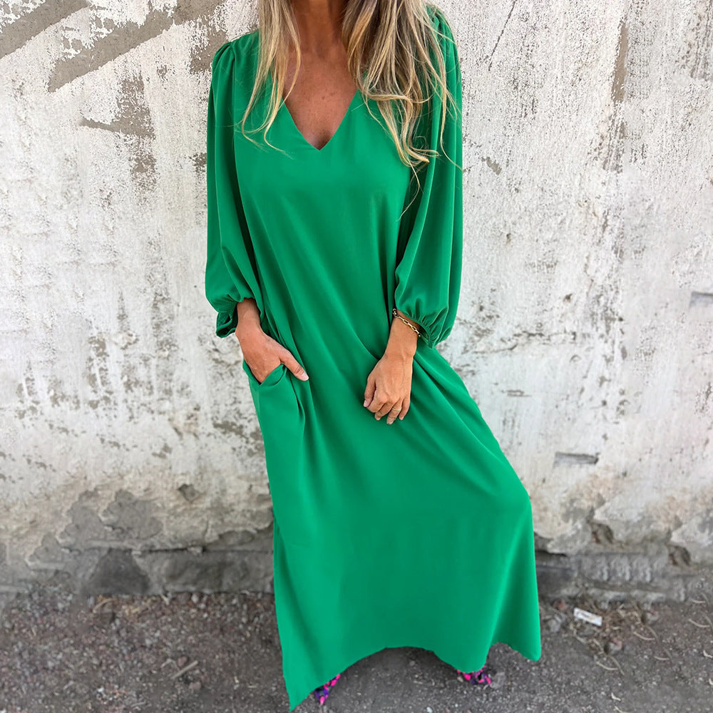 Damen Maxi-Kleid mit eleganten Puffärmeln und seitlichen Schlitzen Heidi-Mode