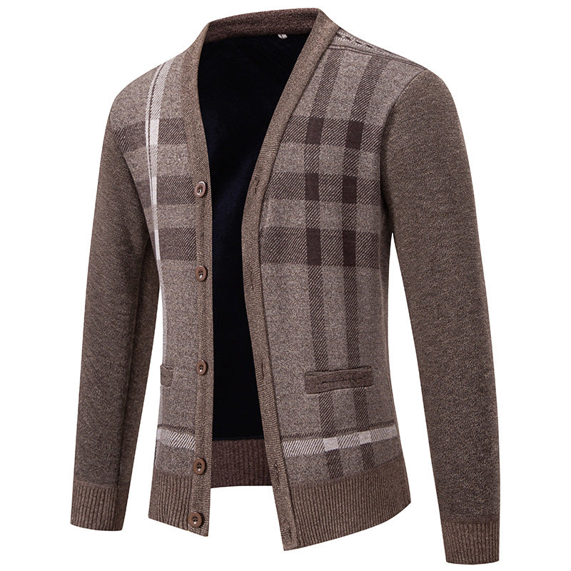 Herren stilvolle Strickjacke mit modernem Karomuster und praktischen Taschen Heidi-Mode