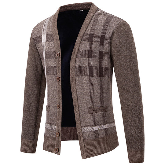 Herren stilvolle Strickjacke mit modernem Karomuster und praktischen Taschen Heidi-Mode