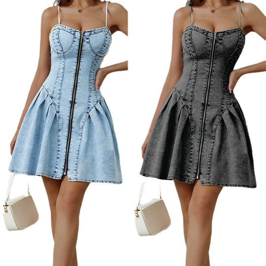 Damen Mini Denim Kleid mit Reißverschluss und tailliertem Schnitt Heidi-Mode