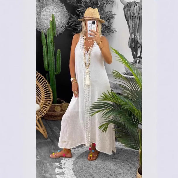 Damen Maxi-Strandkleid mit elegantem Spitzenbesatz und seitlichen Schlitzen Heidi-Mode