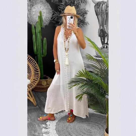 Damen Maxi-Strandkleid mit elegantem Spitzenbesatz und seitlichen Schlitzen Heidi-Mode