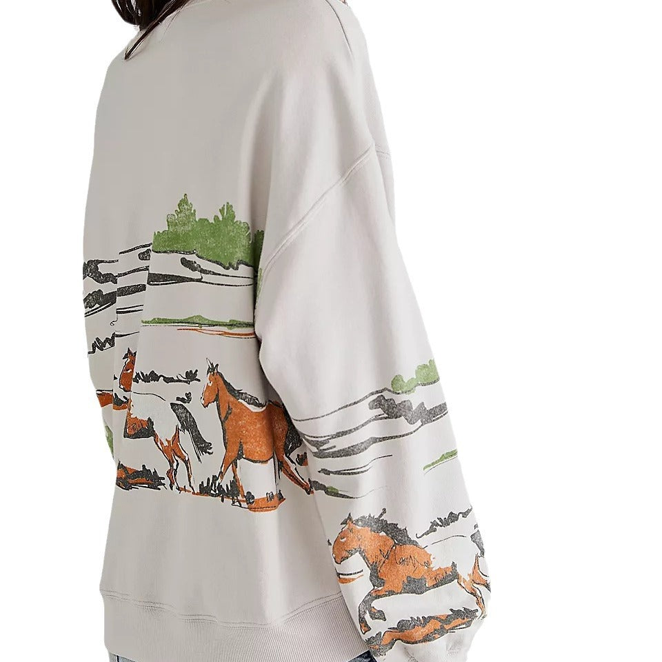 Damen Sweatshirt mit kreativer Pferdemotiv-Grafik und lässigem Schnitt Heidi-Mode