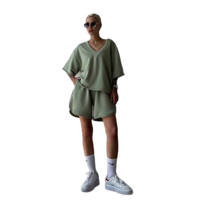 Damen lässiges Sport-Set mit V-Ausschnitt und weitem Schnitt Heidi-Mode