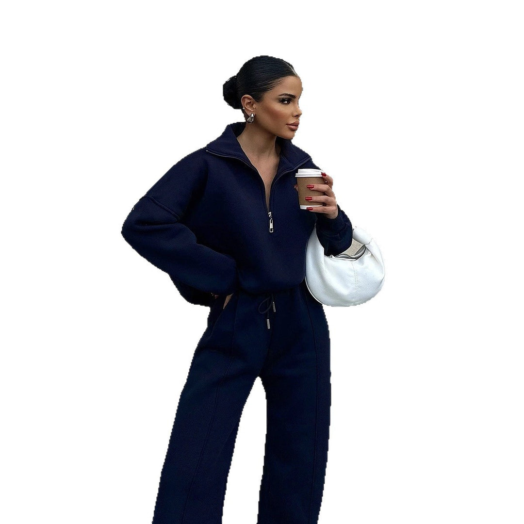 Damen bequemer Fleece-Athleisure-Anzug mit Stehkragen und Reißverschluss Heidi-Mode
