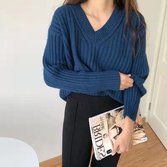 Damen Viskose-Strickpullover mit V-Ausschnitt und geripptem Design Heidi-Mode