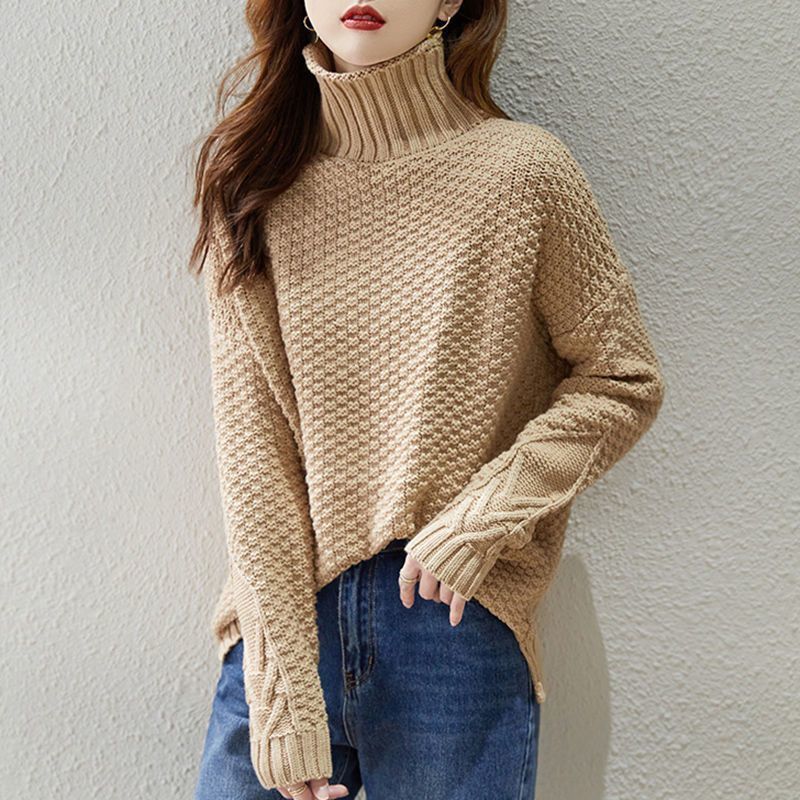 Damen Grobstrickpullover mit hohem Kragen und strukturiertem Design Heidi-Mode