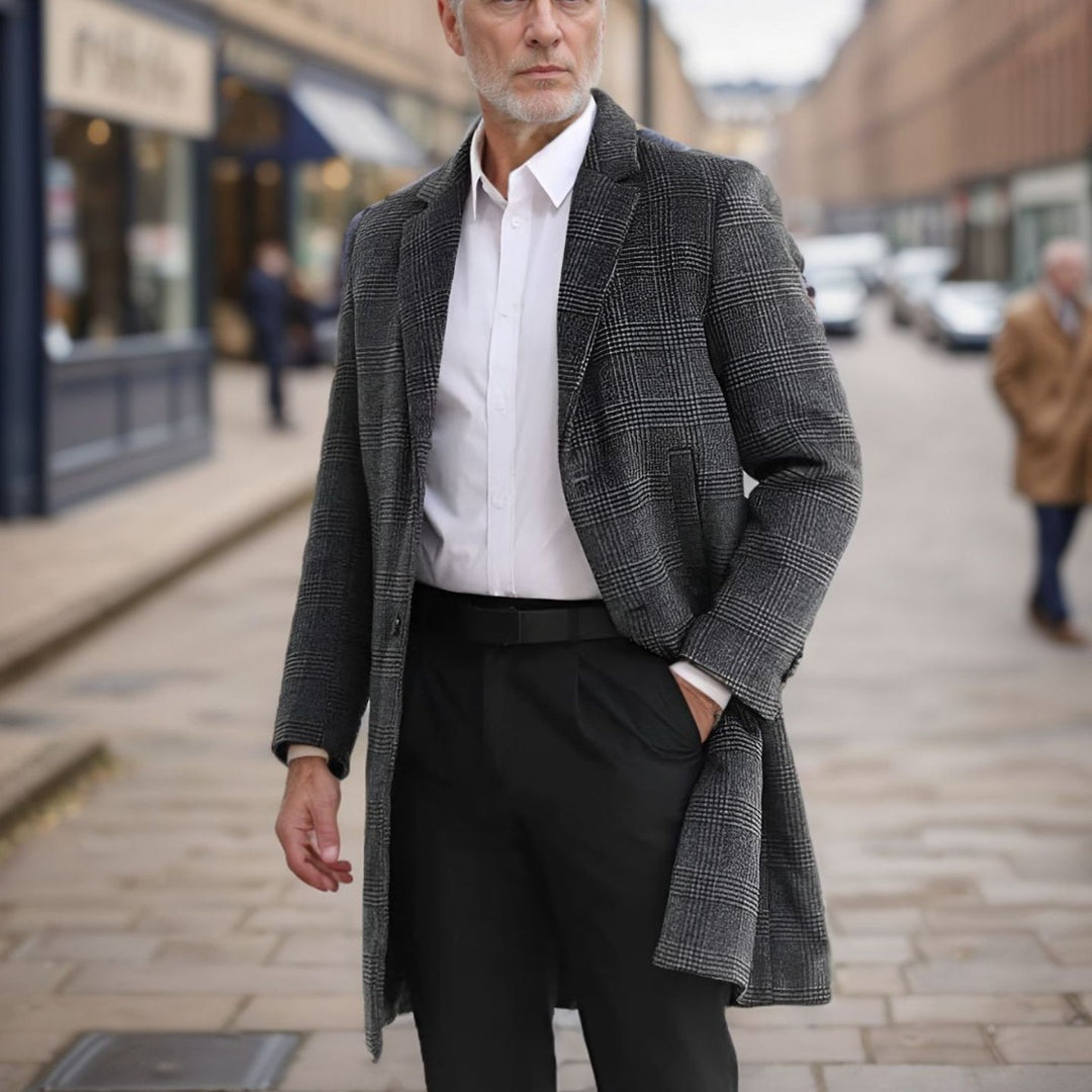 Herren Lang geschnittener Wollmantel mit Karomuster Heidi-Mode