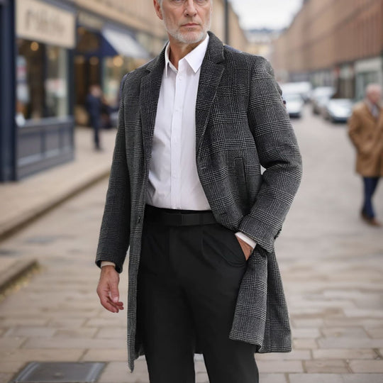 Herren Lang geschnittener Wollmantel mit Karomuster Heidi-Mode
