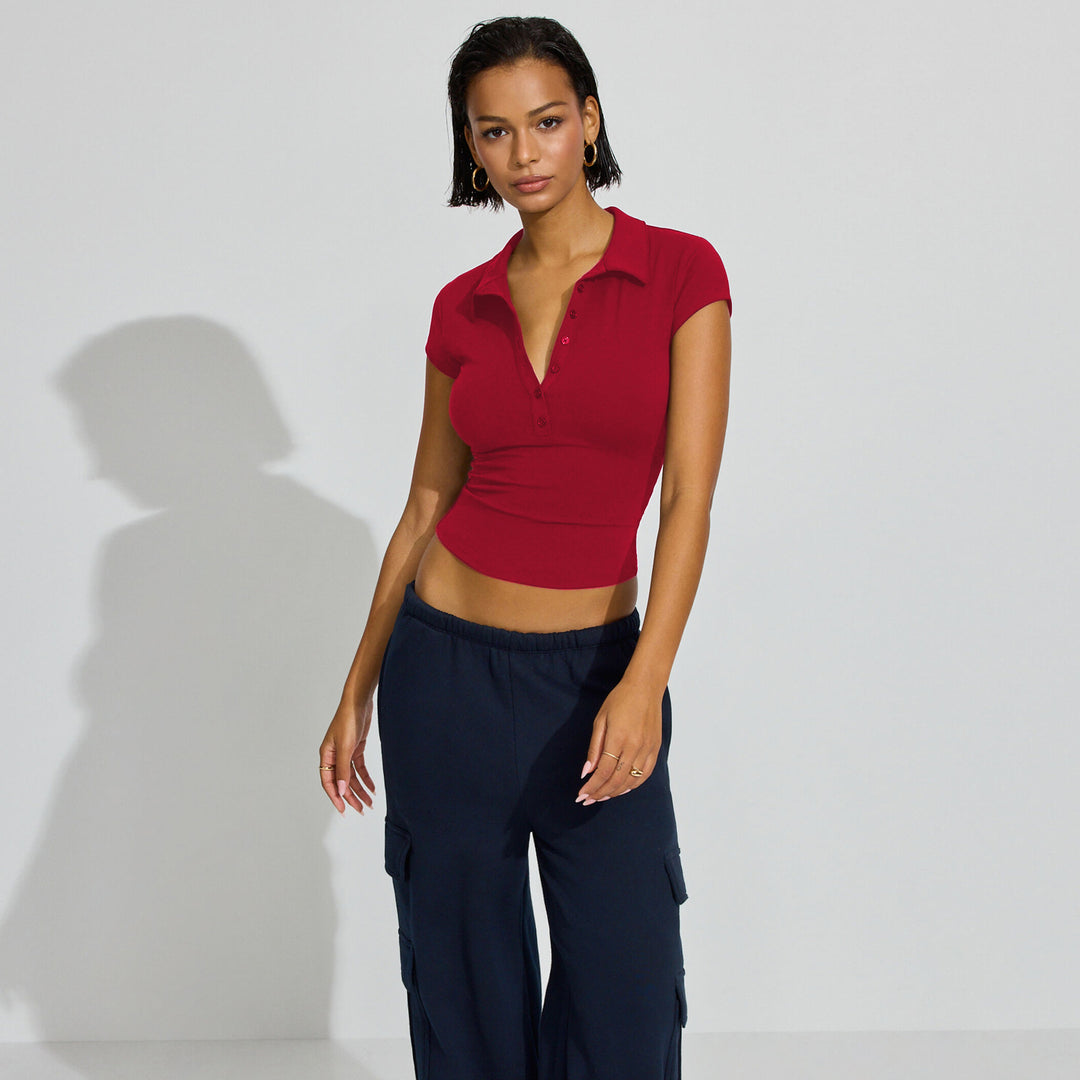 Damen Polo-Shirt mit kurzem Schnitt und modischer Knopfleiste Heidi-Mode