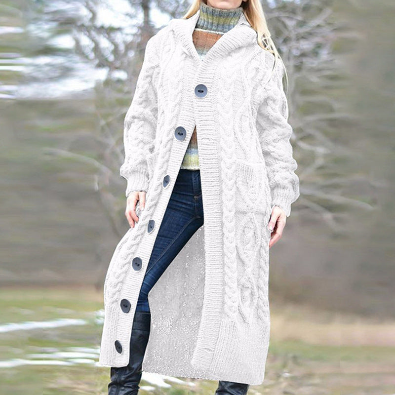 Damen Langer Strickmantel mit Kapuze und klassischem Zopfdesign Heidi-Mode
