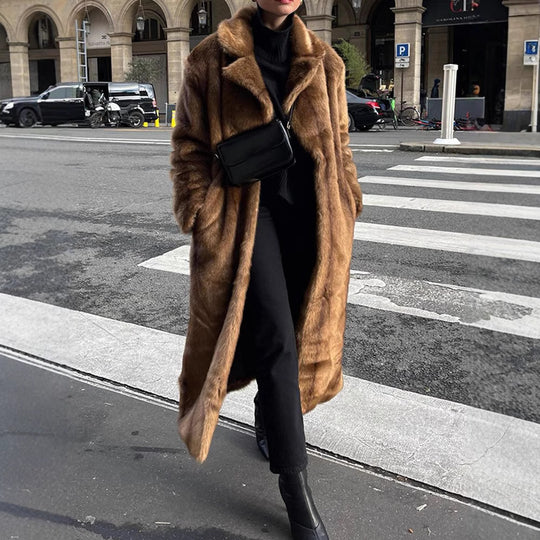 Damen Langer Kunstfellmantel mit breitem Revers und lässigem Schnitt Heidi-Mode