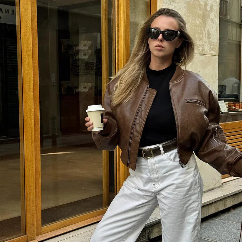 Damen lässige Bomberjacke aus hochwertigem Kunstleder Heidi-Mode