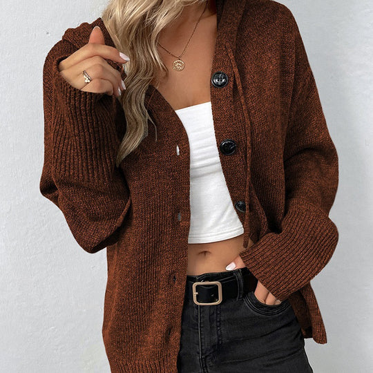 Damen lässige Strickjacke mit Kapuze und Knopfverschluss Heidi-Mode