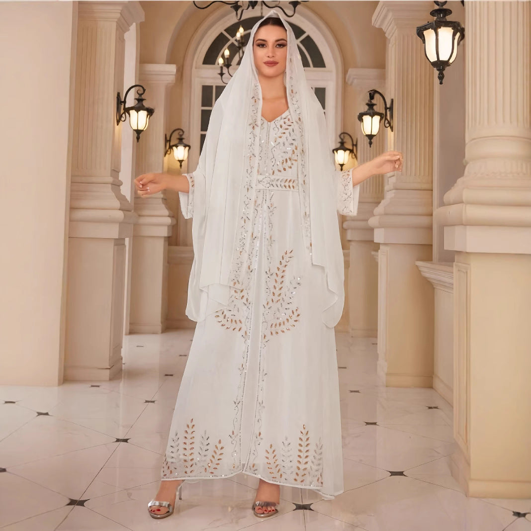 Damen Kaftan Kleid mit aufwendiger Stickerei und schwingenden Ärmeln Heidi-Mode