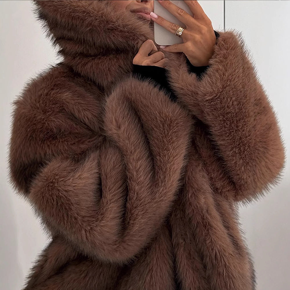 Damen stylischer Kunstfellmantel mit breitem Kragen Heidi-Mode
