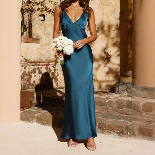 Damen Satin Maxikleid mit eleganter V-Form und fließendem Schnitt Heidi-Mode