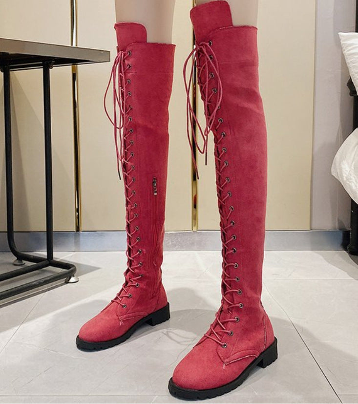Damen Überknee-Stiefel mit modischem Schnür-Design und robustem Profil Heidi-Mode