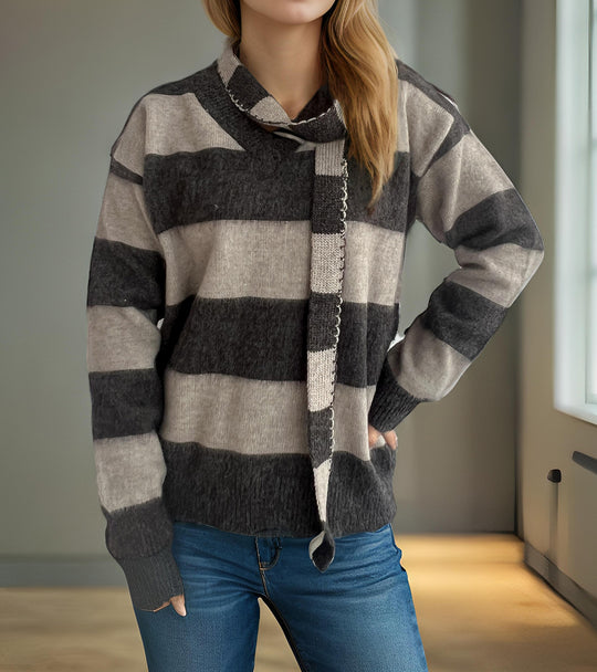 Damen lässiger Strickpullover mit modernem Streifenmuster und dekorativem Schal Heidi-Mode