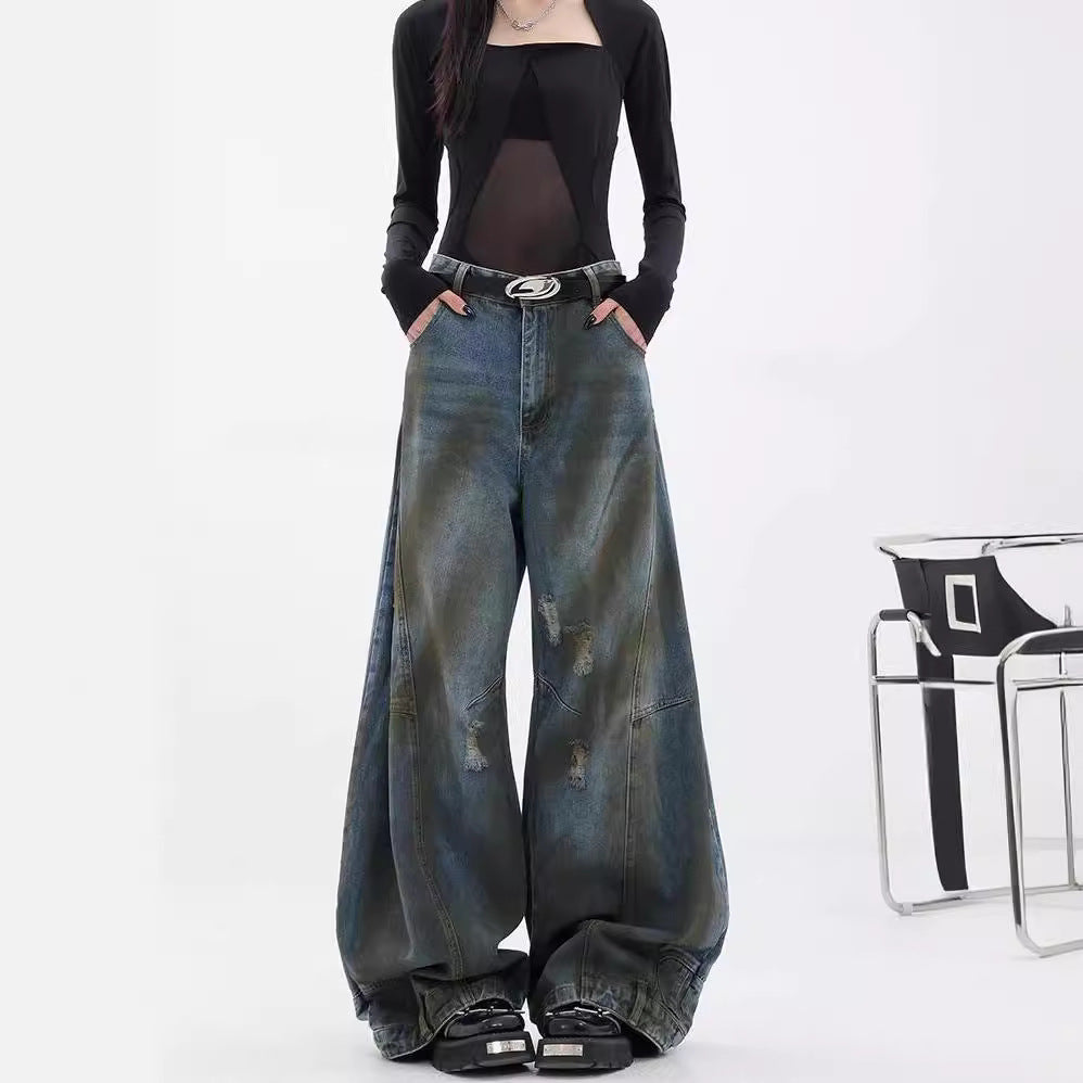 Damen Extrem weit geschnittene Jeans mit modischen Distressed-Details Heidi-Mode