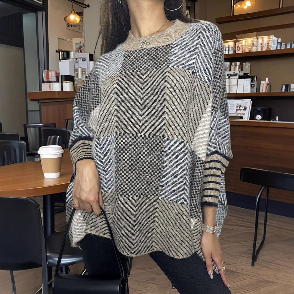 Damen asymmetrischer Strickpullover mit Zickzackmuster Heidi-Mode