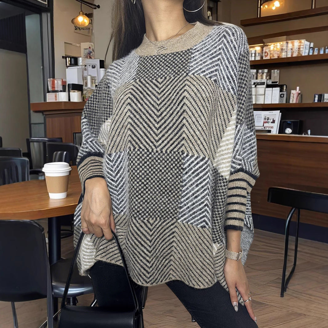 Damen asymmetrischer Strickpullover mit Zickzackmuster Heidi-Mode