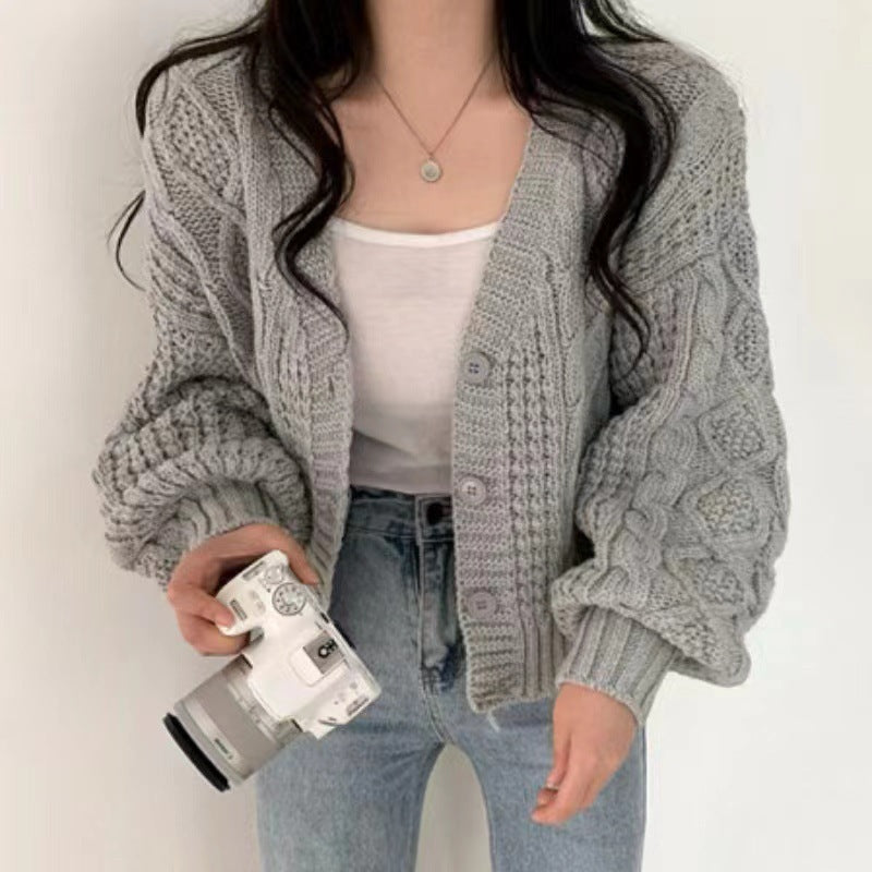 Damen Grobstrickcardigan mit voluminösen Ärmeln und strukturierter Oberfläche Heidi-Mode