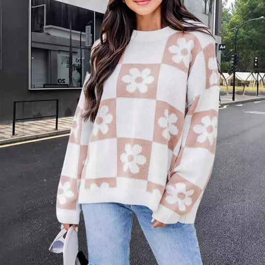 Damen Oversized Strickpullover mit floralem Muster und lässigem Schnitt Heidi-Mode