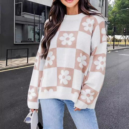Damen Oversized Strickpullover mit floralem Muster und lässigem Schnitt Heidi-Mode